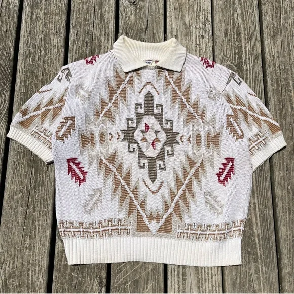 Vintage Southwestern Knit Cream Short Sleeve Collared Sweater Size Medium - Picture 1 of 10